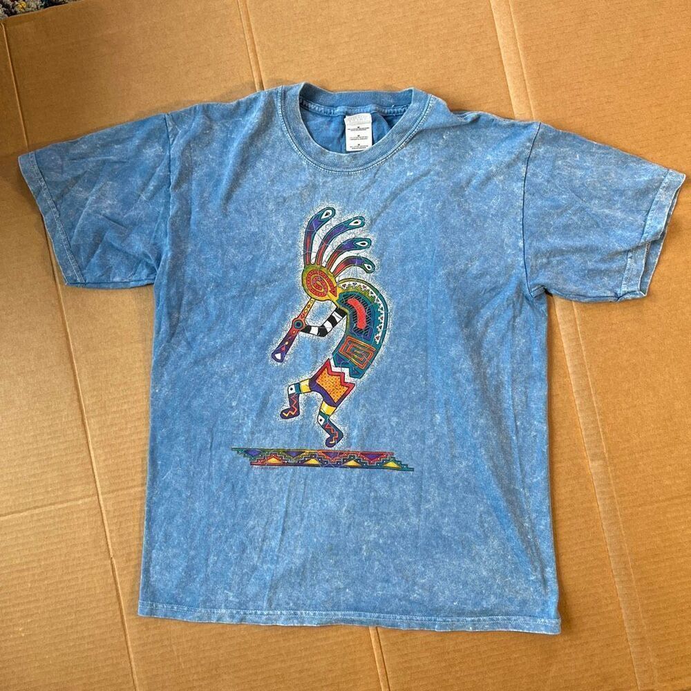 VTG 90s Kokopelli Graphic Tee Acid Wash Blue Southwestern Art Shirt M